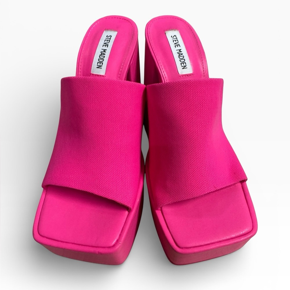 Steve Madden Tristyn Platform Mule Sandals Hot Pink Square Toe Heels Size 9 - Picture 2 of 7